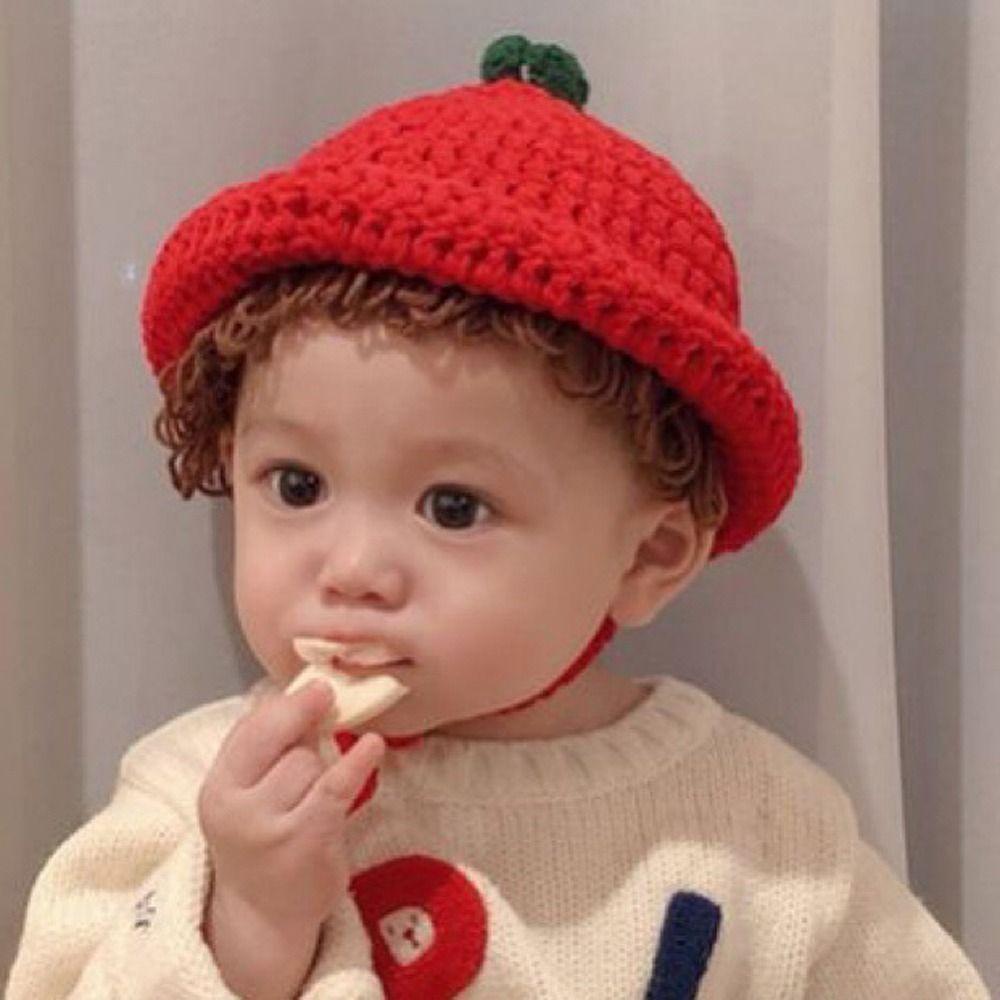 

Red Baby Hat Wig Cute Newborn Wig Cap Bucket Hat Infant Knitted Hat Wig Photography Props