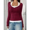 Women's Square Neck Long Sleeve Top Slim Fit Color Block Fake Two Piece Button Detail Sexy Casual Blouse