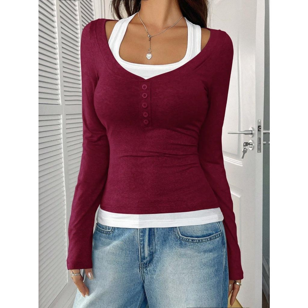 Women's Square Neck Long Sleeve Top Slim Fit Color Block Fake Two Piece Button Detail Sexy Casual Blouse