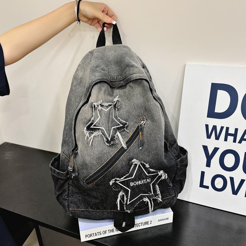 2025 Gradient Wash Star Design Retro Denim Backpack for Students