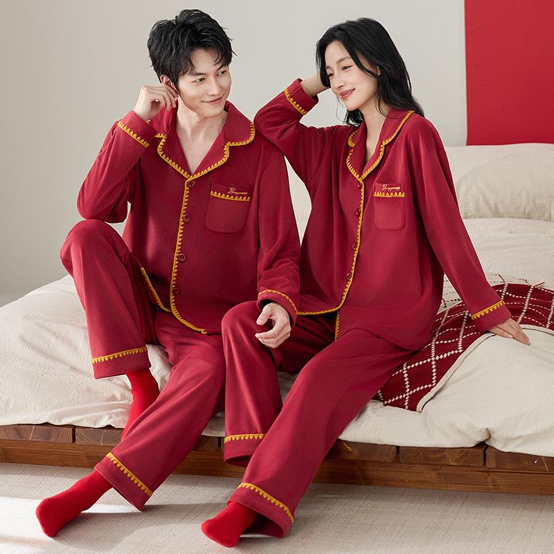 Festive Bright Red Velvet Winter Pajamas Set for Couples: Benming Year Wedding Edition