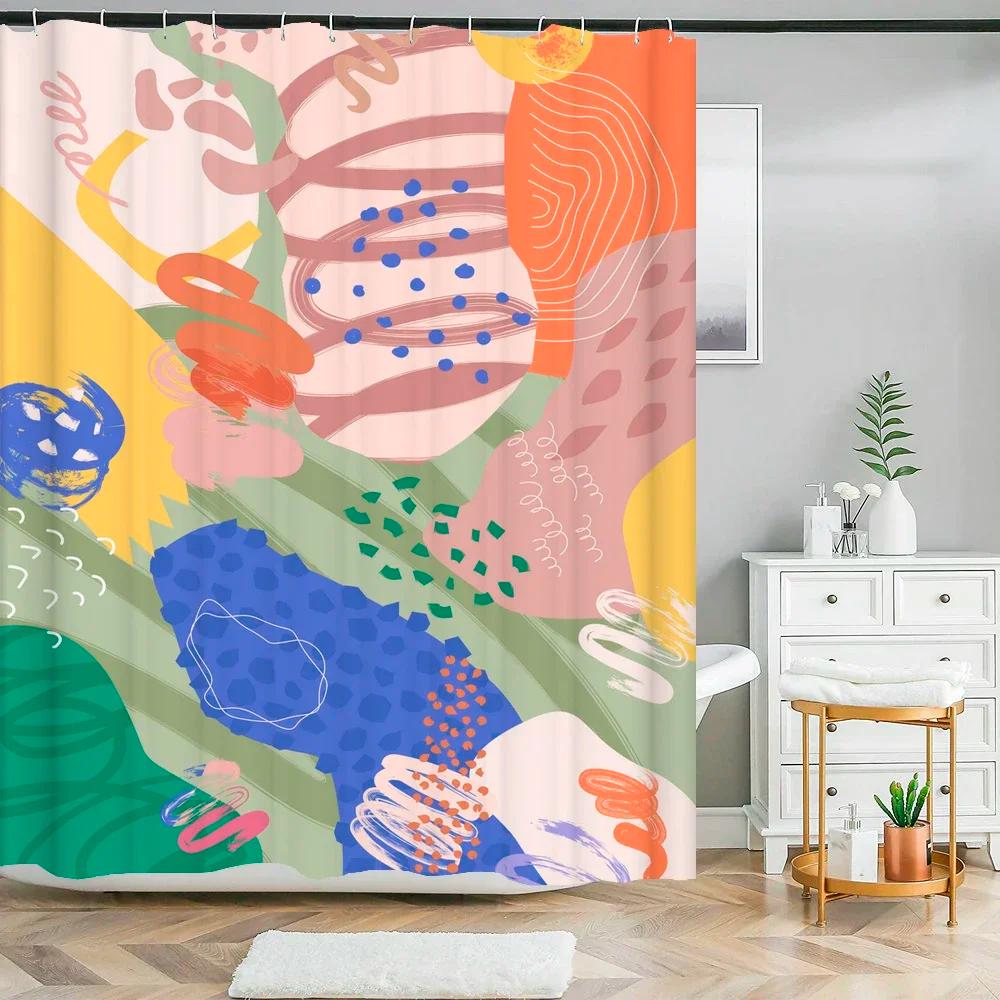 Abstract Art Shower Curtain Cartoon Green Plant Leaves 3D Print Funny Pattern Bath Screen Waterproof Polyester Screen Decor