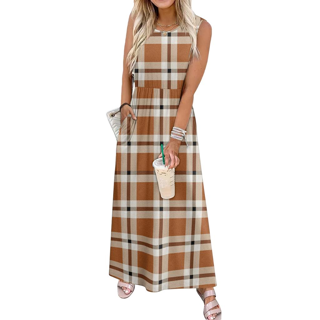 Ladies' Plaid Printed Casual and Fashionable Waist Cinched Sleeveless Dress