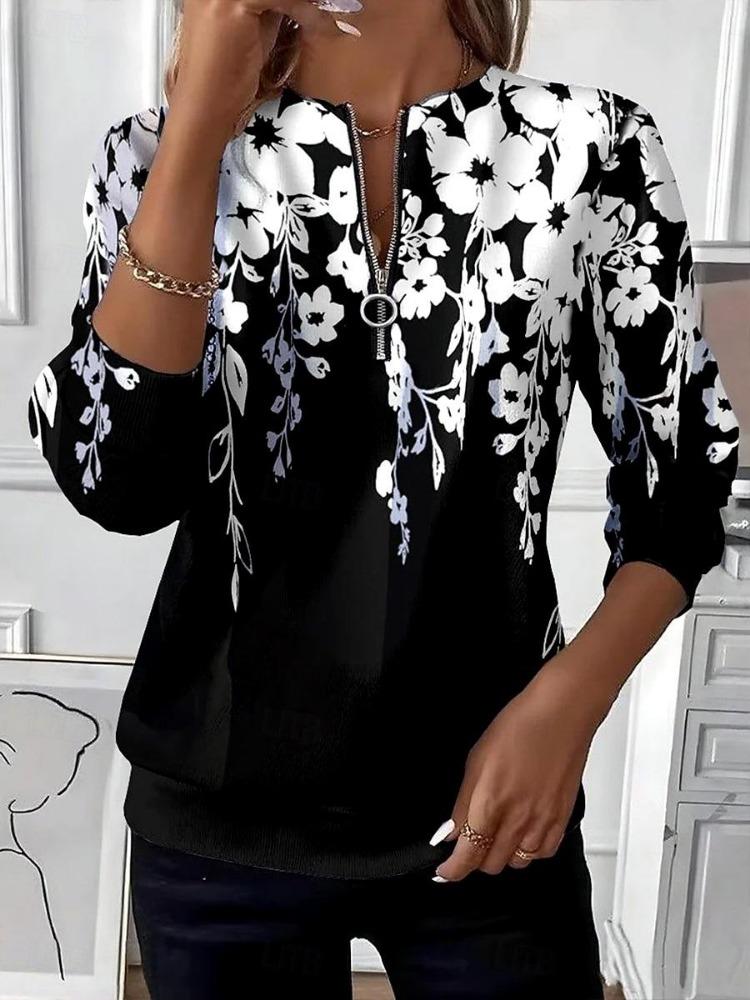 Women Floral Graphic Zip Up Pullover Sweatshirt Long Sleeve Crew Neck Casual Fashion S