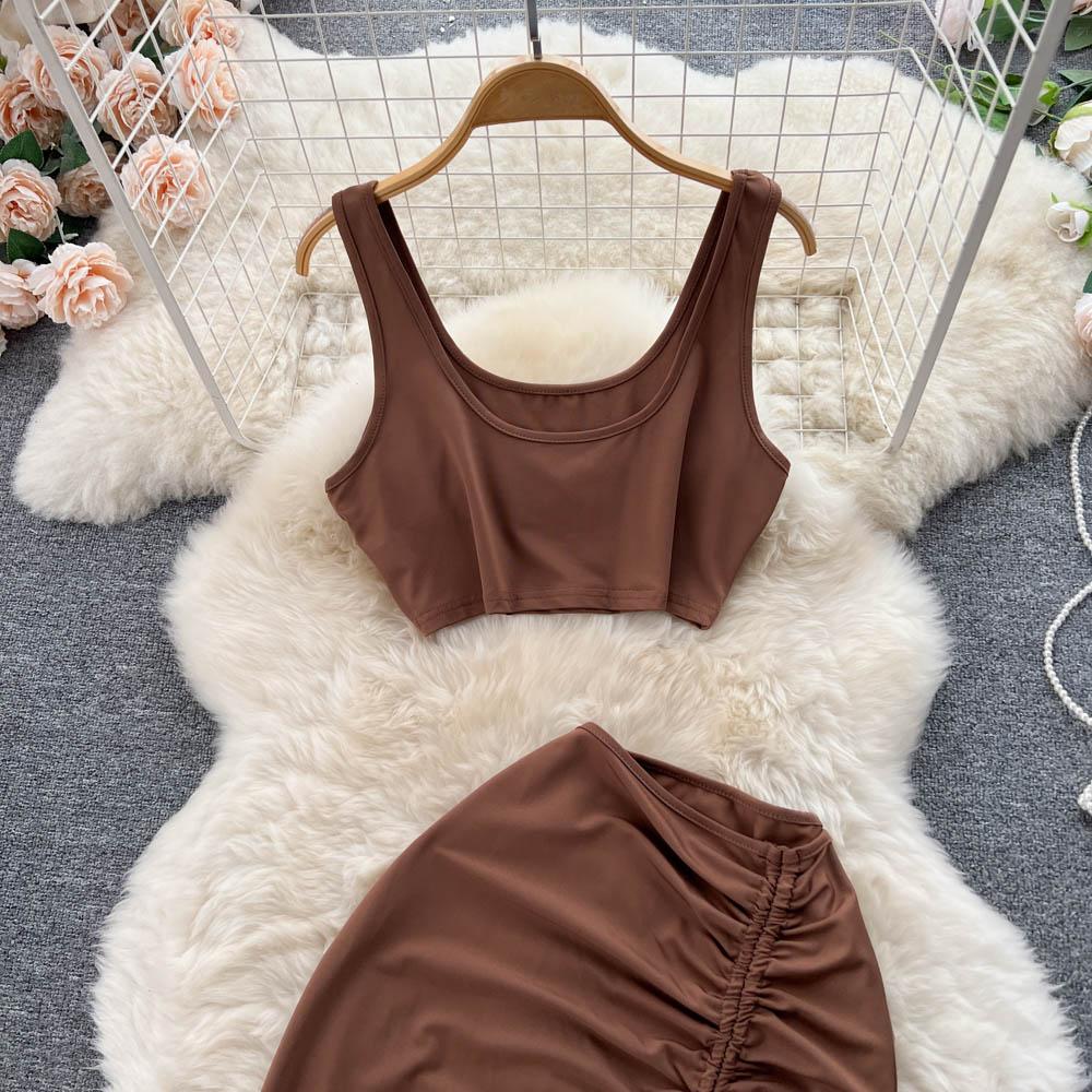 Two-Piece Suit Women's Summer Small Camisole High Waist Drawstring Slit Bag Hip Skirt