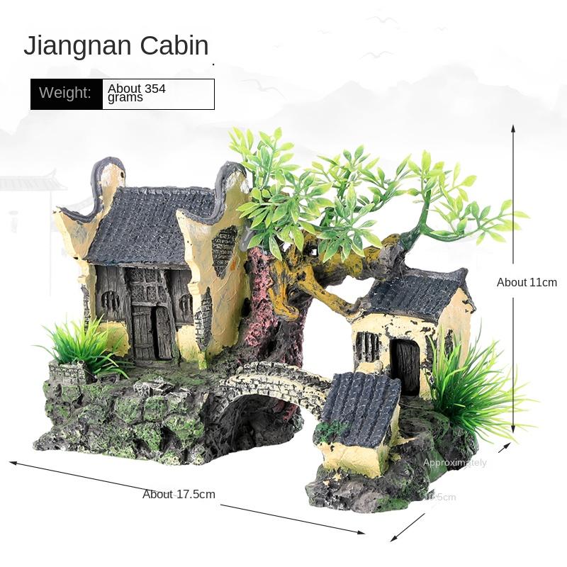 Fish tank landscaping resin desktop ornament rockery aquarium decorative stone house small bridge aquatic grass new Chineseretro