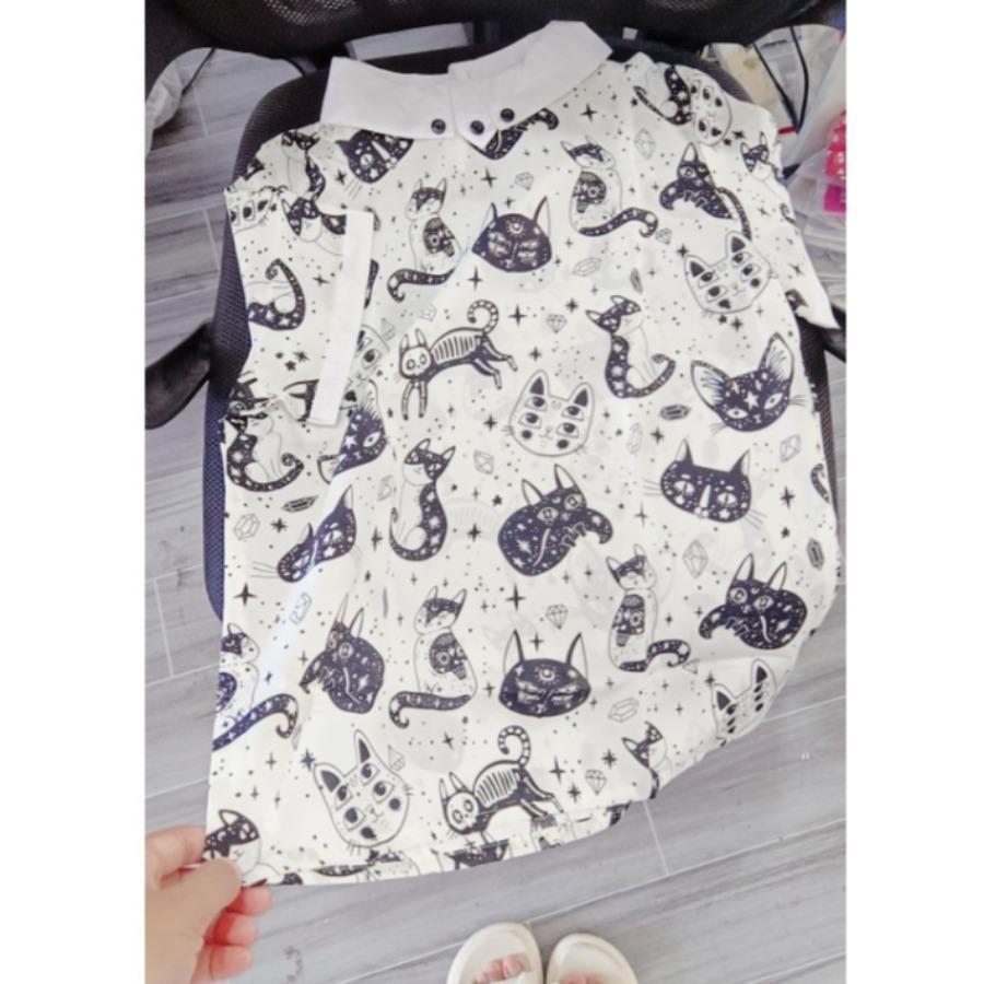Patchwork Color Lapel Collar Blouses & Shirts White Cat Printed Tops Women’s Clearance In Stock