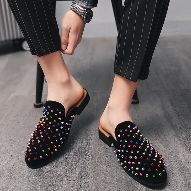Fashion Men Half Loafers Genuine Leather Rivet Slippers Breathable Man Outdoor Mules Lightweight Drag Shoes Buckle Casual Shoes