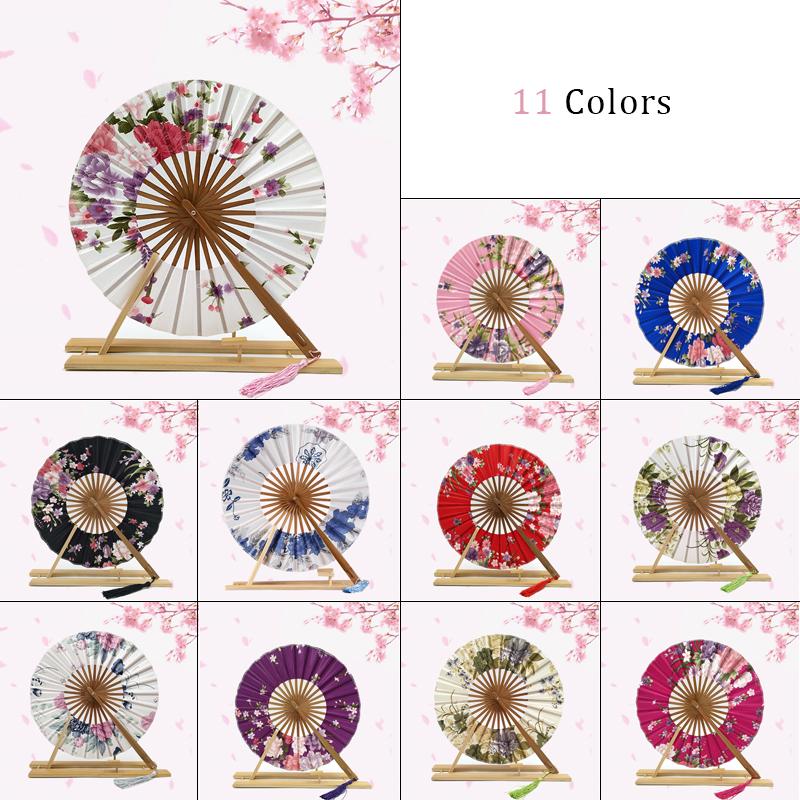 Japanese Sakura Flower Printed Fans Folding Fans Ancient Tassel Round Hand Fan Dance Performance Photo Prop Wedding Party Decor