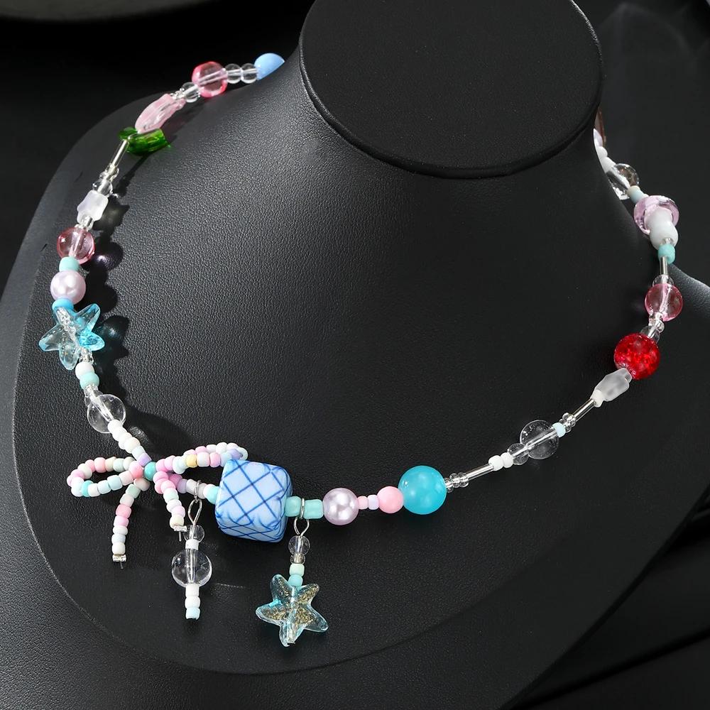 2026 Trendy Handmade Beaded Colorful acrylic Bowknot Star Pendant Necklace For Women Summer Y2k Sweet Aesthetic Neck Jewelry