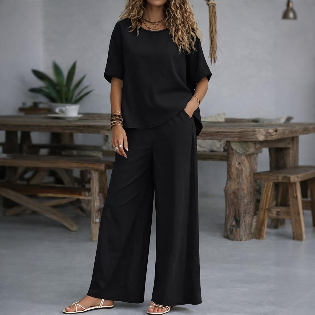 Women's Two Piece Casual Lounge Set Short Sleeve Loose Top Wide Leg Pants Lightweight Soft Fabric Comfortable Fit Summer Outfit