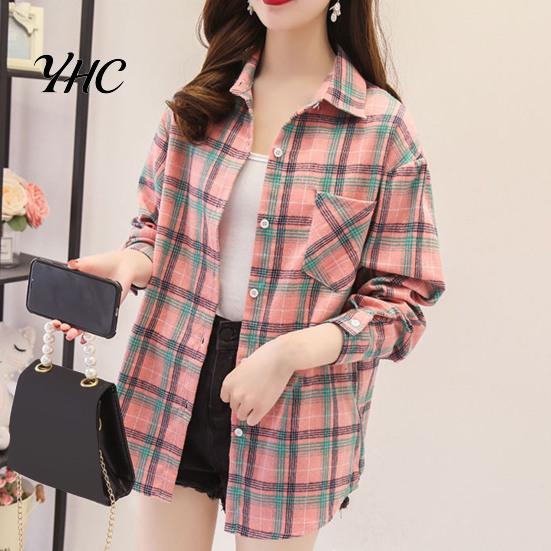 Ladies Blouse Turn Down Collar Long Sleeve Single-breasted Patch Pocket Loose Shirt Top Classic Plaid Print Casual Female Clothing