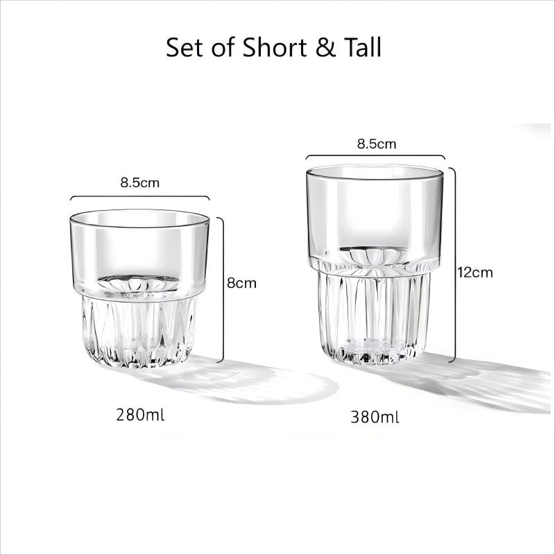 Pige Home 280ml/380ml Ain Bleifreie Stapelbare Glasbecher (Groß & Klein)