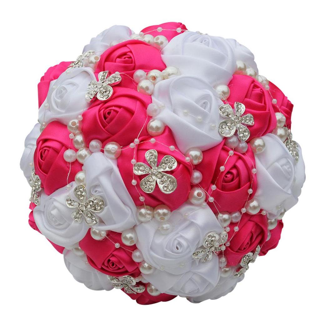 European & American Elegant Ribbon Flower Bridal Bouquet – Beaded Five-Flower Design