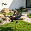 Reusable Holiday Lawn Stake Metal Skeleton Pilot Airplane Wind Spinner with Ground Stake, Vintage American Flag Garden Spooky Courtyard Decoration