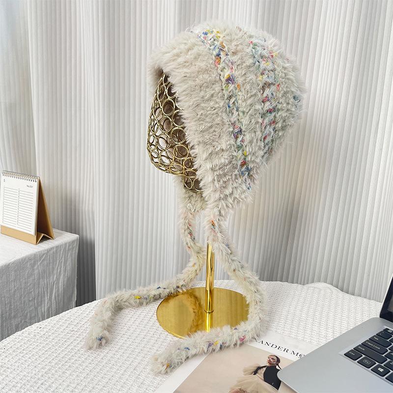 Color matching plush hat women's autumn and winter thickened warm and cold-proof small face outdoor knitted cold hat