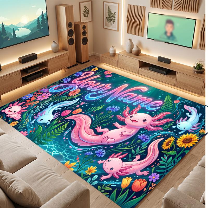 Axolotl Theme Soft Crystal Velvet Rug Custom Name & Text Print Non Slip Floor Rug for Bedroom Living Room