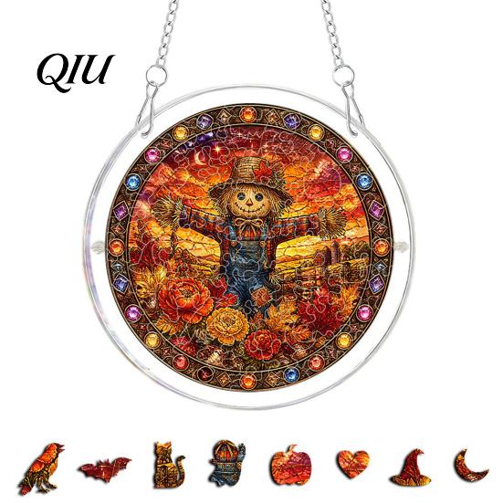 Acrylic Suncatcher Jigsaw Puzzle Suncatcher, Stained Glass Style Halloween Skeleton Ghost Relaxing Gift Sun Catcher for Gothic Window Wall Hanging
