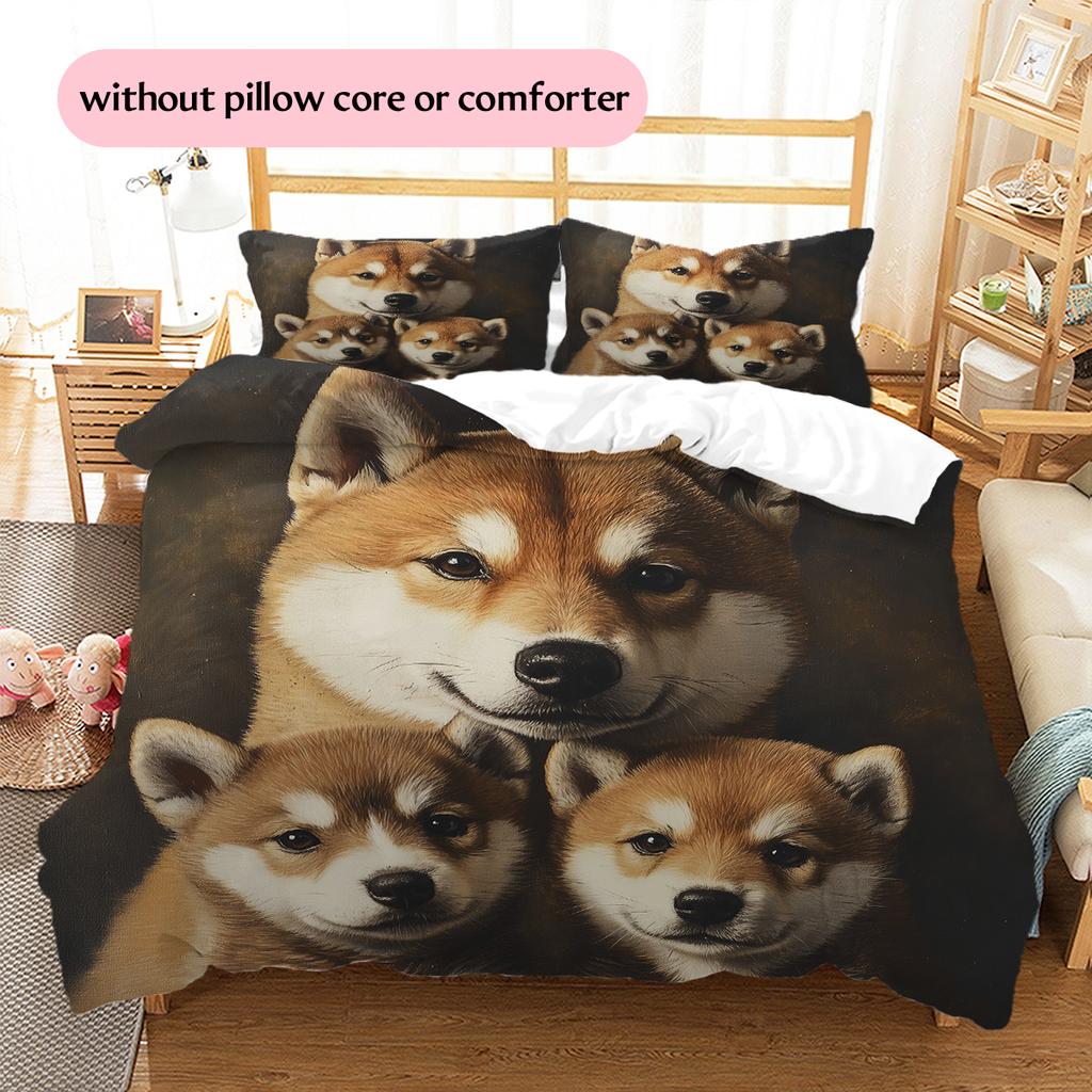 Schwarzes Shiba Inu Muster Bettwäsche Heimdekoration Geburtstagsgeschenk (1 Bettbezug + 2 Kissenbezüge, ohne Füllung)