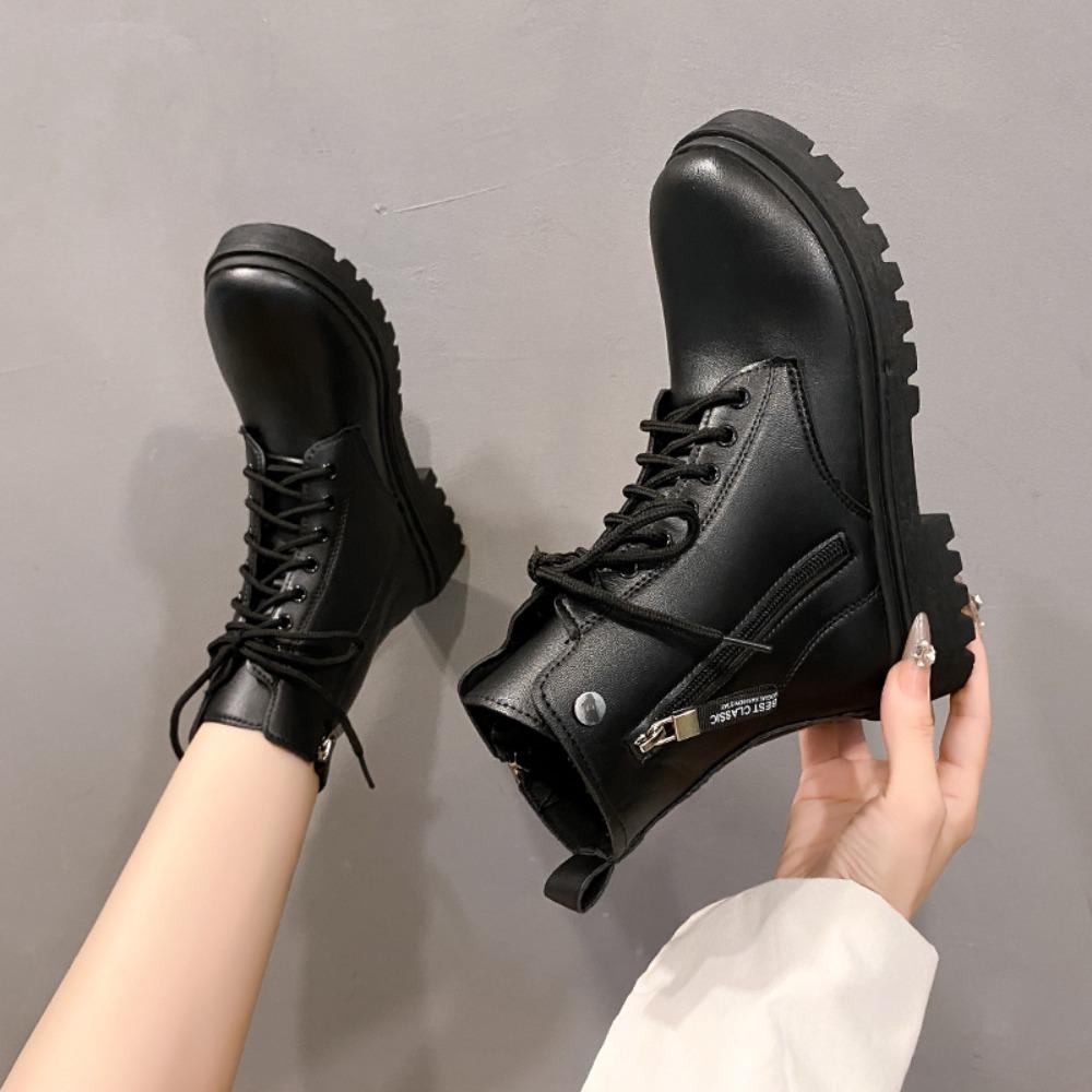 Fashion 2025 New Boots Ladies Lace-Up Shoes for Women Warm Platform Zipper Black Casual Comfortable Ankle Boots