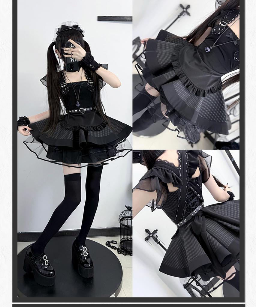 Maid Gotik Lolita Retro Schwarz-Weiß Gestreiftes Lolita Cosplay Rüschen Lolita Kurzarm Kostüm Ordentlich und Perfekt für Cafés und Freizeitparks