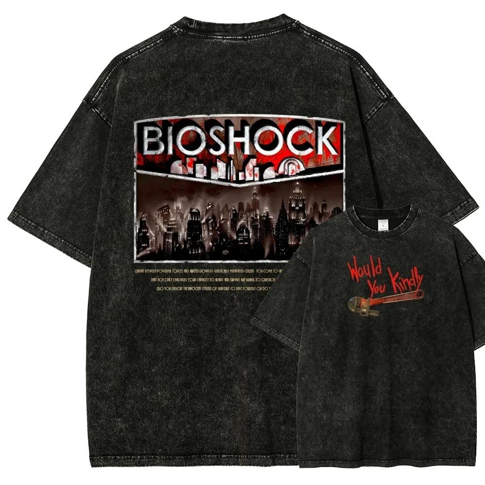 Klassisches Retro-Shooter-Spiel Bioshock Peripheriegeräte Grafikdruck T-Shirt Herren Damen Neu Harajuku Stil T-Shirt Vintage Gewaschenes Baumwolltop