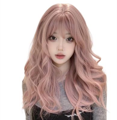 Sizuuenn Langes Haar, lockiger tiefer Pony, rosa Perücke, Bubble Crystal Rose Pink, kleines Gesicht, modische hitzebeständige Perücke, Hochtemperatur-Haarfaden, Cosplay