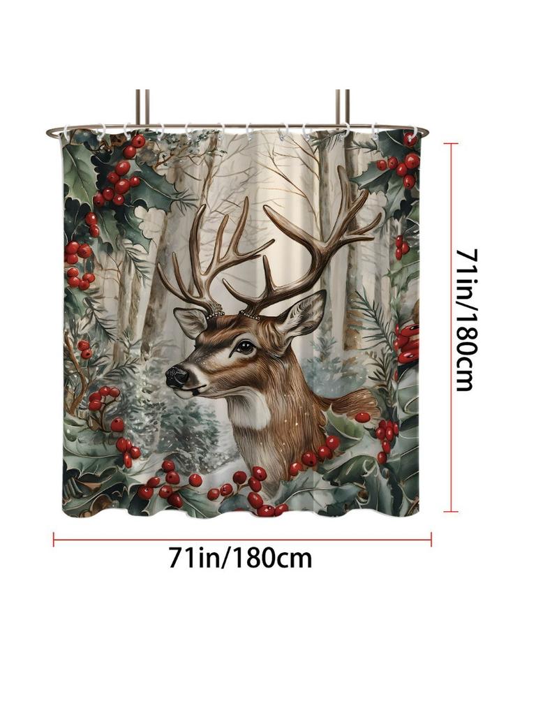 1pc Christmas Reindeer Print Waterproof Shower Partition Privacy Hanging Curtain with 12 Hooks, Multiple Sizes, Machine Washab
