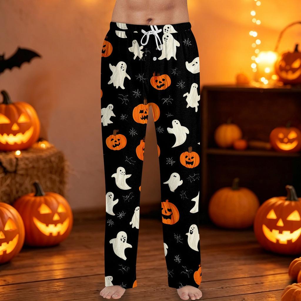 Men's Halloween Print Drawstring Pants Casual Lounge Sleepwear Bottoms with Elastic Waistband and Straight Leg Fit for Indoor and Outdoor Use