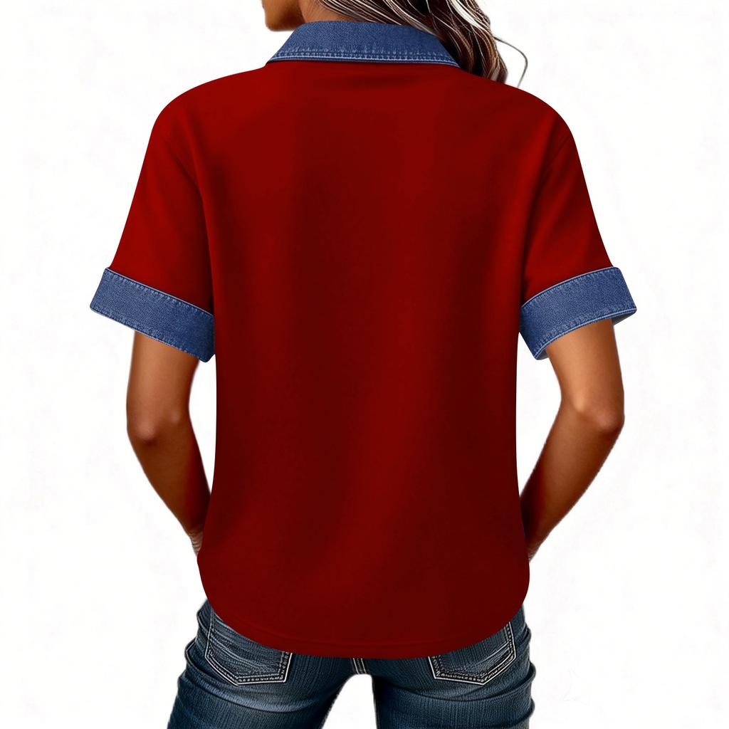 Denim Patchwork Hemden für Damen Stehkragen Lässige Bluse Kurzarm Bequemes T-Shirt Frühling Sommer Mode