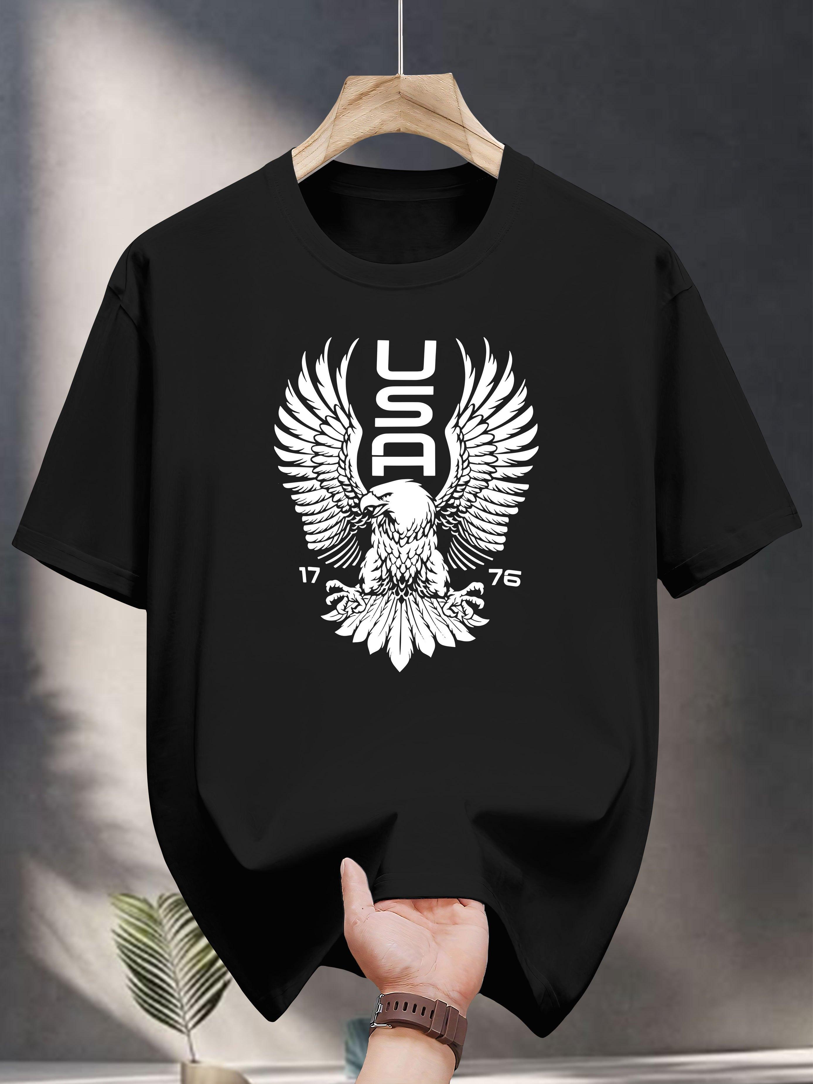 200g 100% Cotton Short Sleeve T-shirt - Black Patriotic Eagle & USA 1776 Graphic Print L