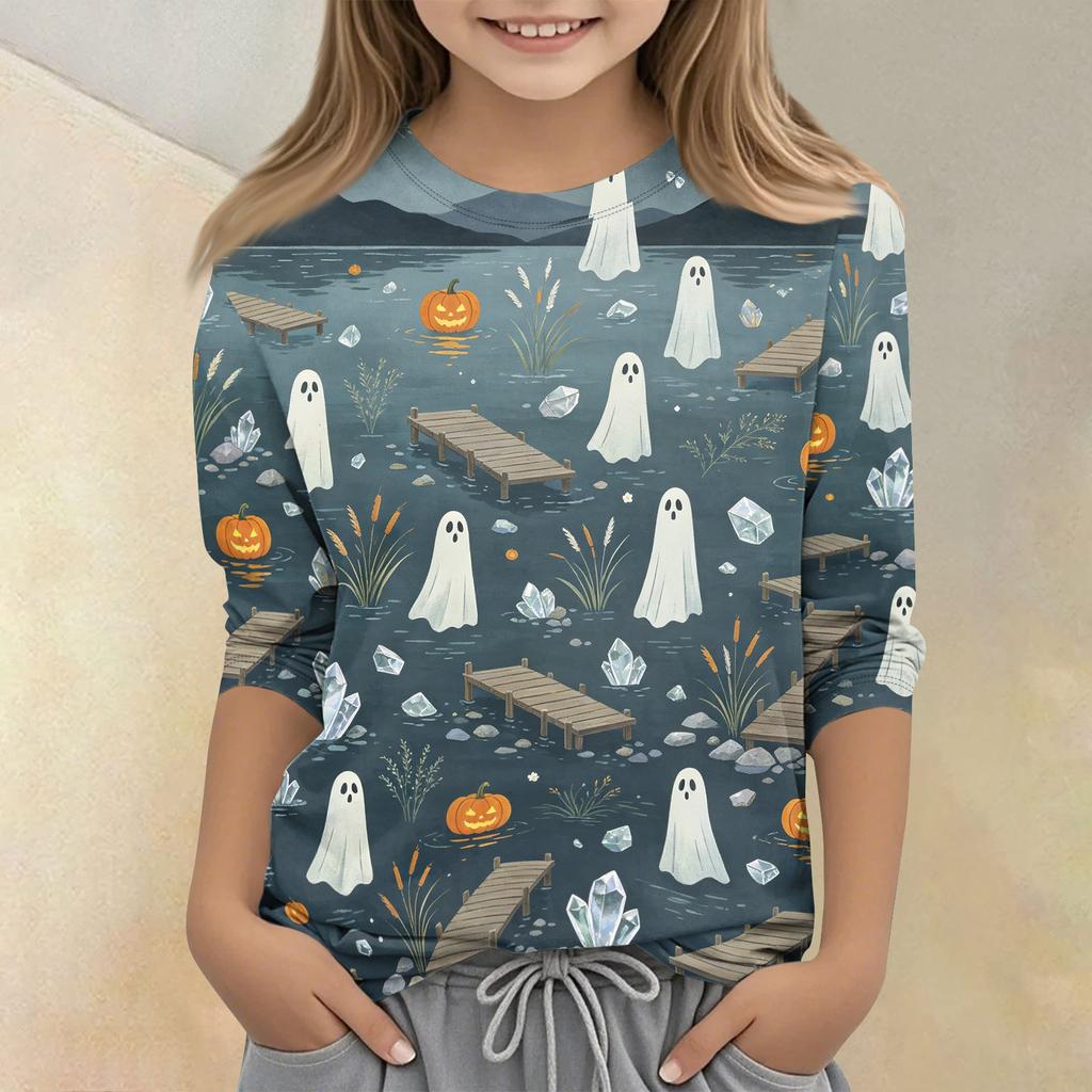 Kids Halloween Print Crew Neck Three Quarter Sleeve Casual T Shirt Top Boys Girls Comfortable Fit Soft Fabric Seasonal Wear