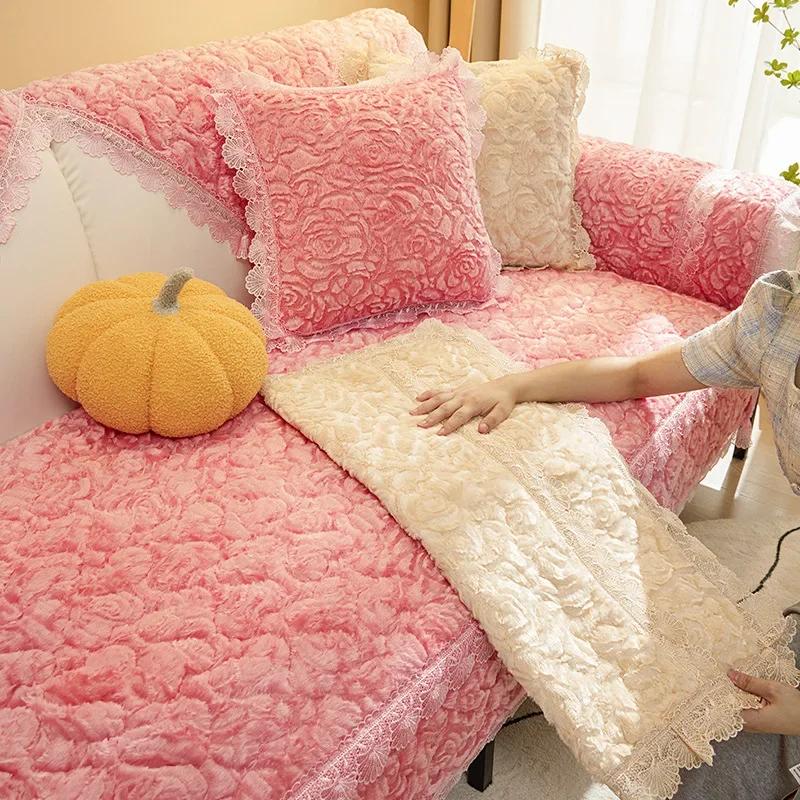 Copridivano invernale con rose, in peluche, con bordo in pizzo, per soggiorno, antiscivolo, universale