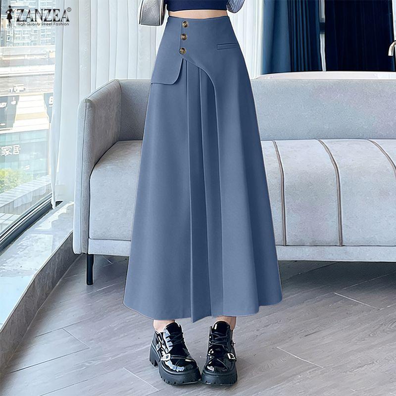 ZANZEA Dames Casual Elastische Taille Effen Kleur Losse Lange Rokken