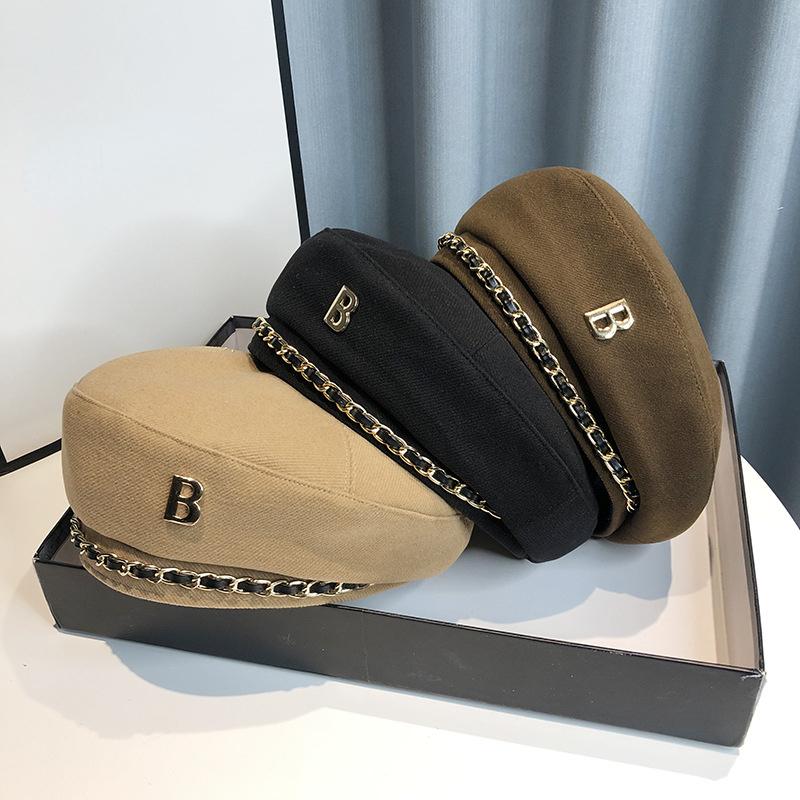 Vintage Wool Beret Hat with Chain Detail and 'B' Embellishment for Women
