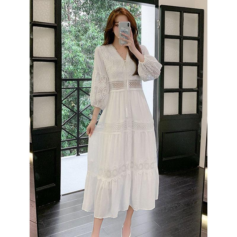 Vestito lungo casual da donna primavera estate con stampa floreale in pizzo con scollo a V e maniche lunghe, alla moda, per le feste, elegante, classico, versatile