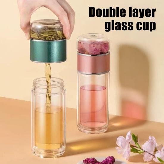 Glass Tea Infuser Bottle 420ml Leakproof Tea Brewer Double Wall Insulation Portable Tea Maker for Loose Leaf And Fruit Infusion