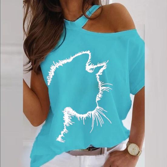 Tricou casual pentru femei cu decolteu în formă de pisici, cu mânecă scurtă, bluză lejeră