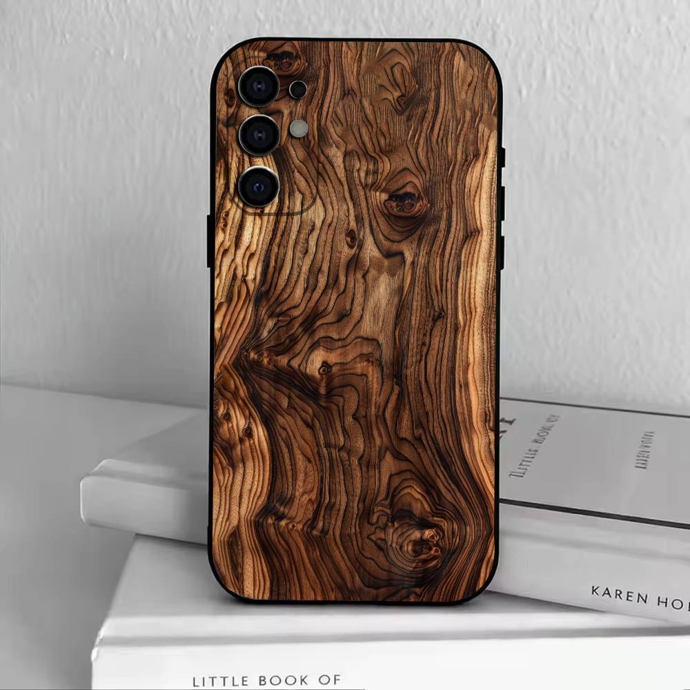 N-Natural Wood  Phone Case Black Silicone Soft For Samsung S25,S24,S21,S22,S23,S30,Ultra,S20,Plus,Fe,Lite