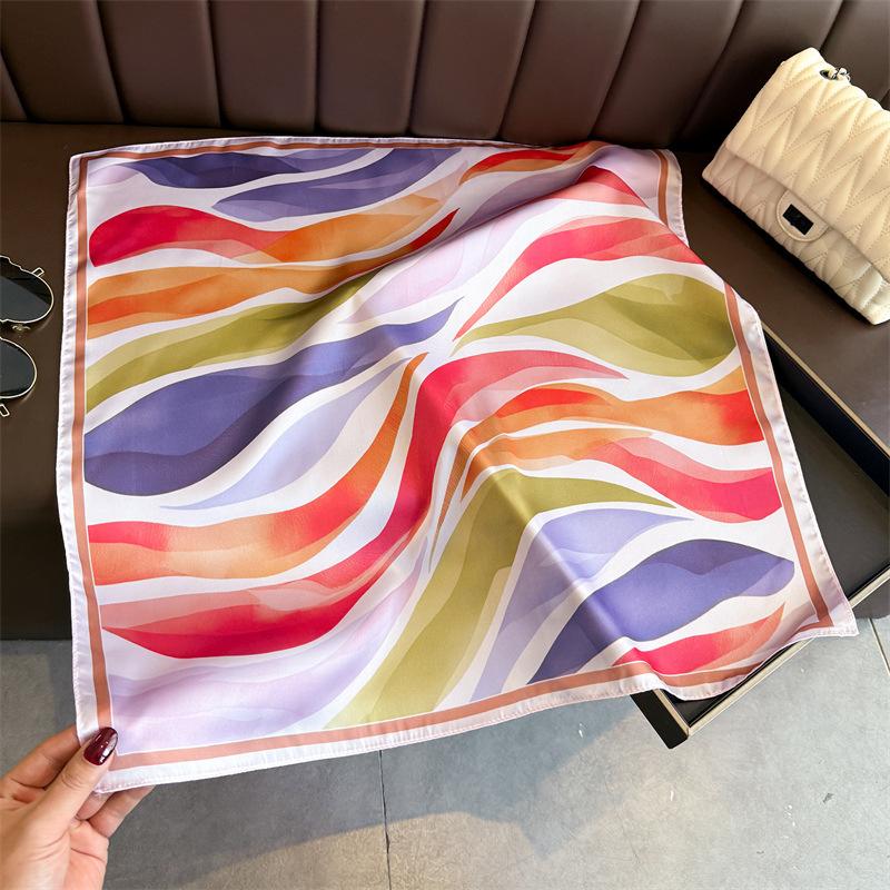 70 Cm Fashion Square Silk Scarf for Women Satin Headscarf Shawl Stripe Gradient Color Design Headband Hijab Bandana Wrap