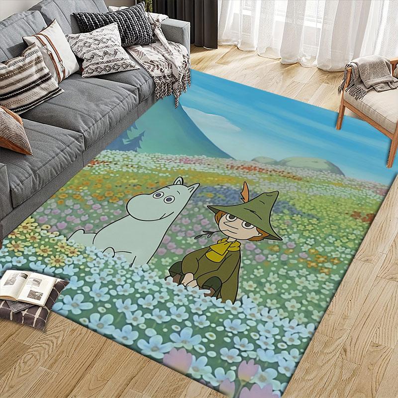 Moominvalley Flannel Printed Carpet, Home Sofa Decoration for Living Room & Bedroom, Non‑Slip Play Flannel Floor Mat for Game Room