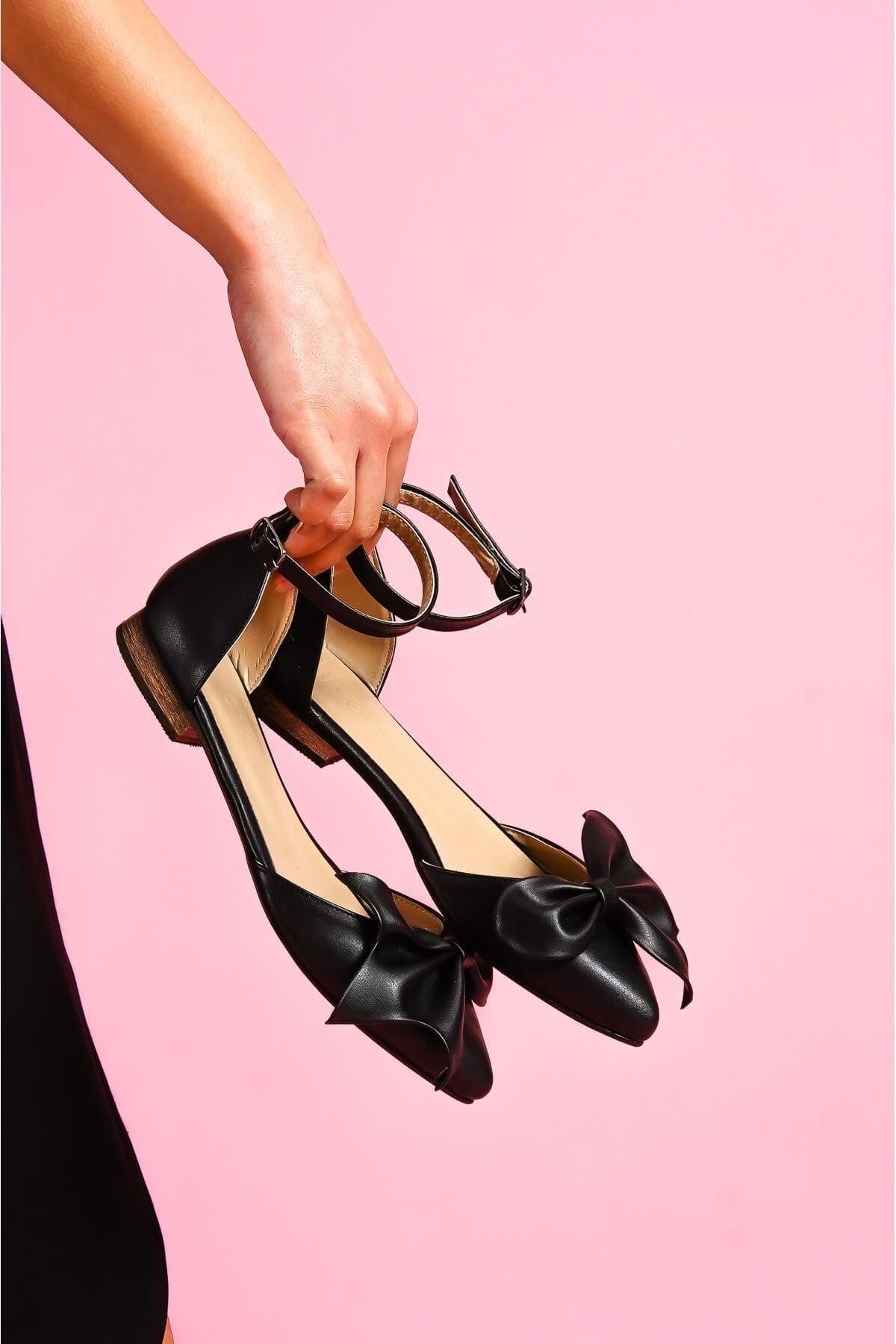 

Women s Fashion Faux Leather Flat Heeled Ballet Flats Black Bow Ankle Strap Pointed Toe Casual Ballerina Shoes 36