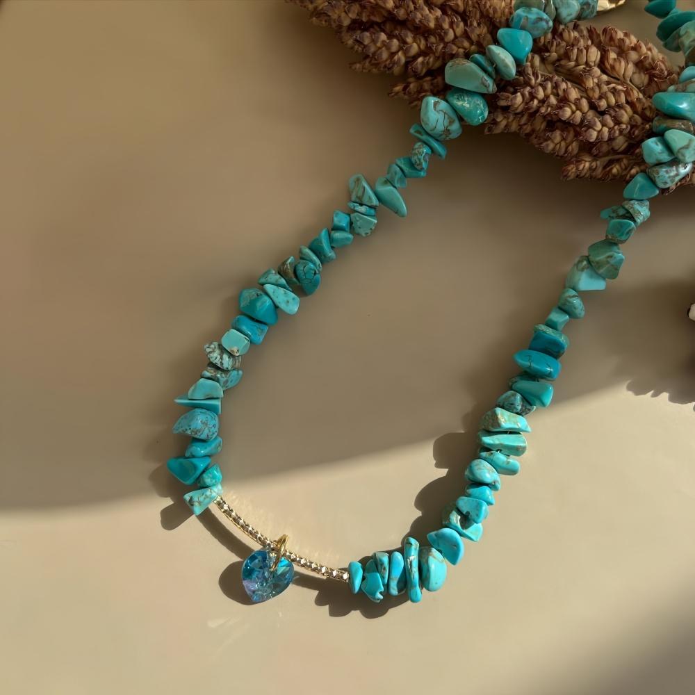 Boho Gravel Choker Blue Chip Turquois Pink Natural Stone Chips Necklaces For Women Heart Crystal Pendant Jewelry Gift For Women