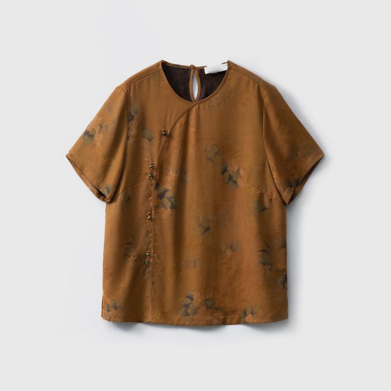 

Women s Silk Jacquard Diagonal Placket Blouse - Mulberry Silk, Short Sleeve, Round Neck, Chinese Style. Double Extra Large