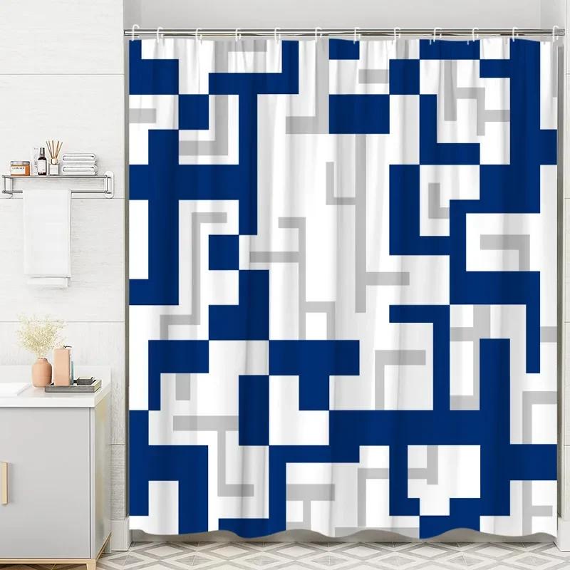 Moderní geometrická sprchová závěs s pruhovanými křivkami Černobílé čtverce Minimalistická neutrální dekorace do koupelny