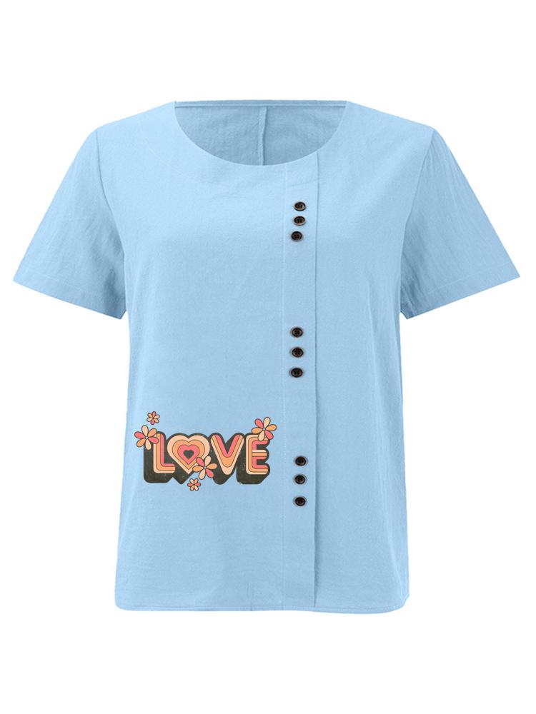 Women's Fashion Love Letters Print Casual Cotton Linen Short Sleeve Round Neck T-shirt Shirt Leisure Loose Summer Blouse Tops