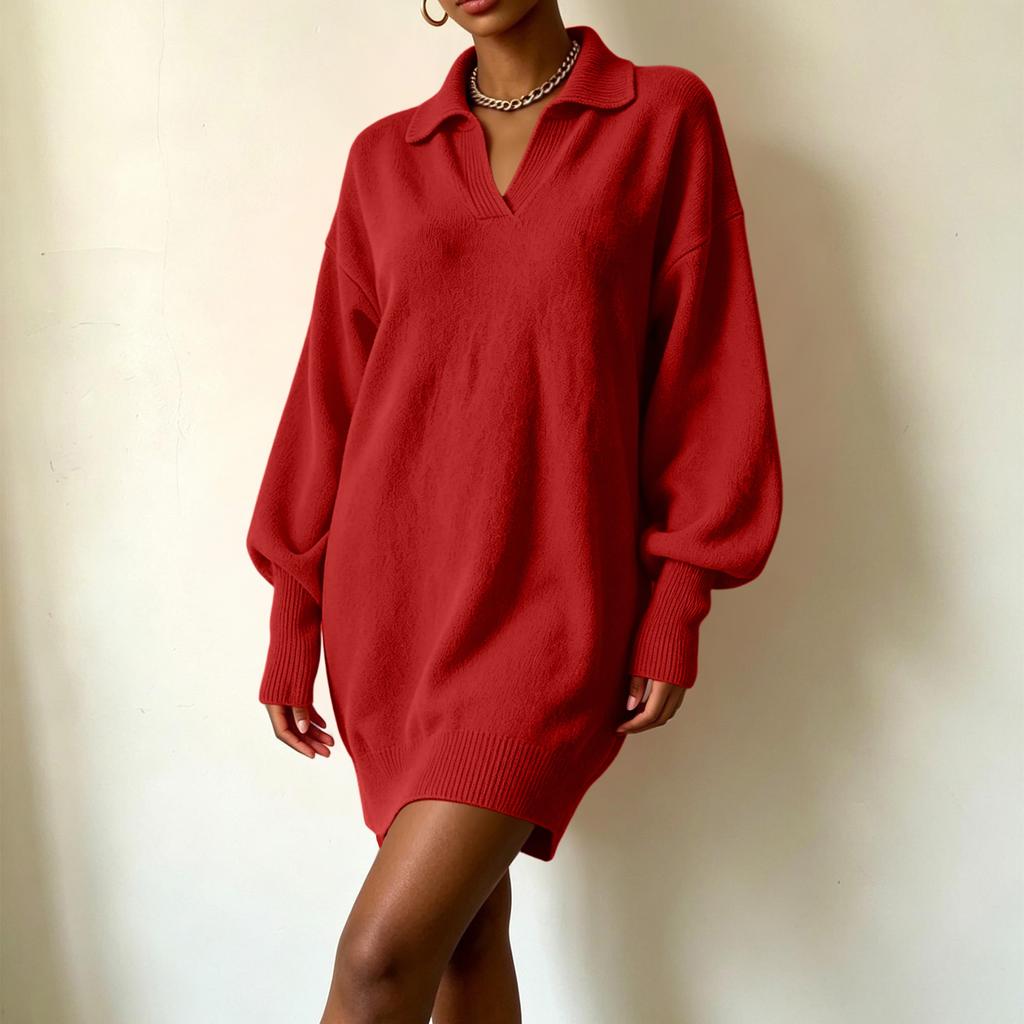 Women's Loose Fit Mid-Length Knit Sweater Dress with Sleeves and Turn-Down Collar