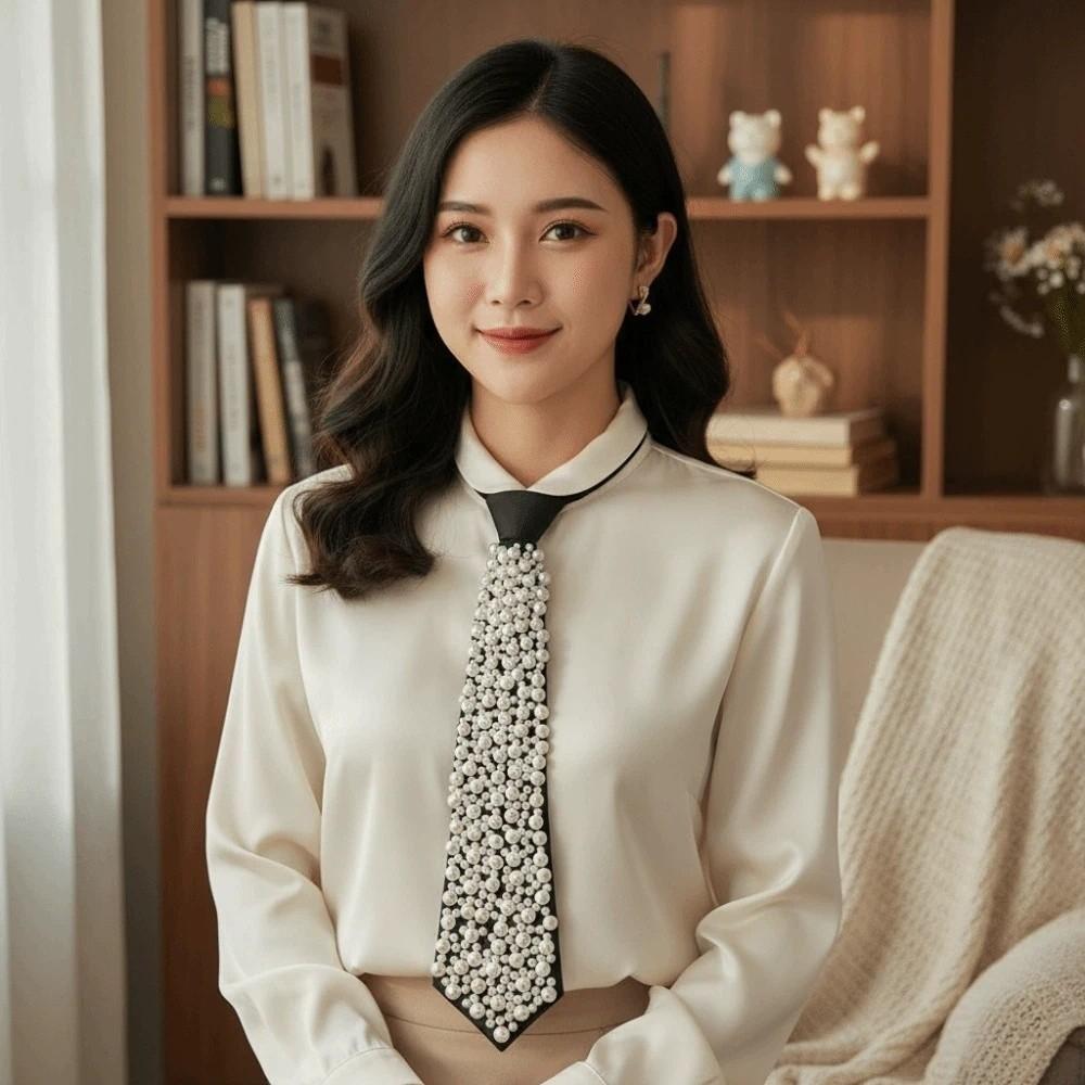 Korean Style Full Pearls Tie Black Decoration Shirt Tie Hand-beaded Long Necktie  Performance