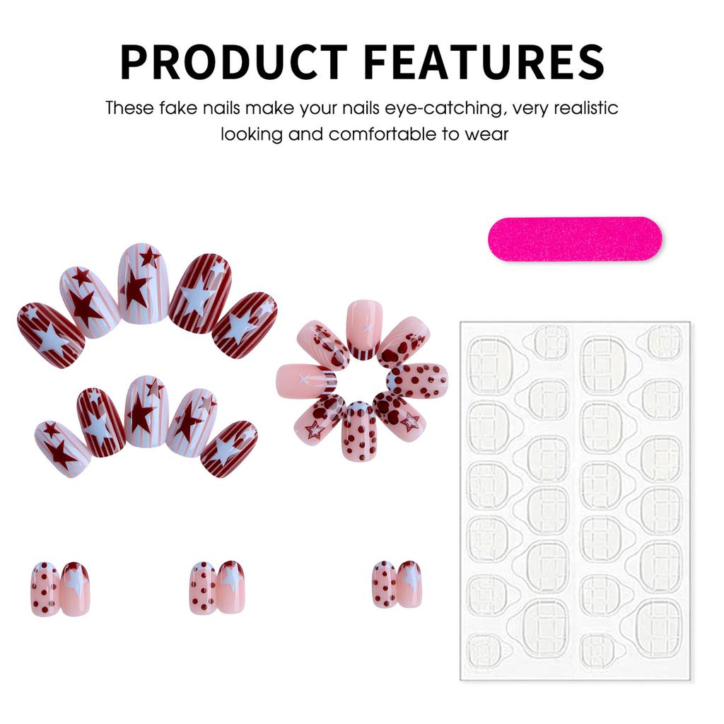 24pcs French False Nails with Star Prints Design Retro Polka Dot Press On Nails for Women Daily Wear