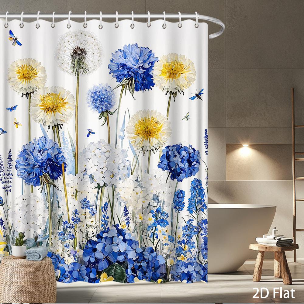 

Blue & Yellow Botanical Shower Curtain – Watercolor Cornflowers, Dandelions & Hydrangeas On Cream, Waterproof Polyester,12 Hooks W60H190(CM)-1 Pcs